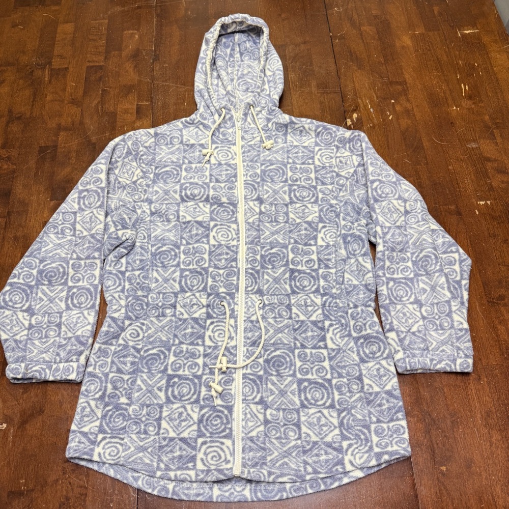 LLBean Fleece L Hoodie Jacket Womens Retro Geometric Print Zip Up Hooded Sweater